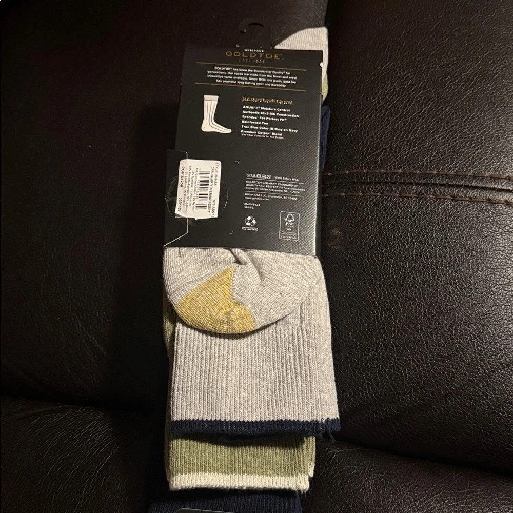 GoldToe Hampton Men's 3-Pair Crew Socks Shoe Size 6-12  Navy/Green/Gray